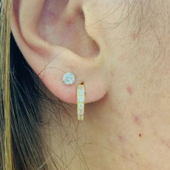 CZ Stud & Huggies Hoop Earrings Double Earrings for Women's Men's 14K Solid Gold - Picture 4 of 5